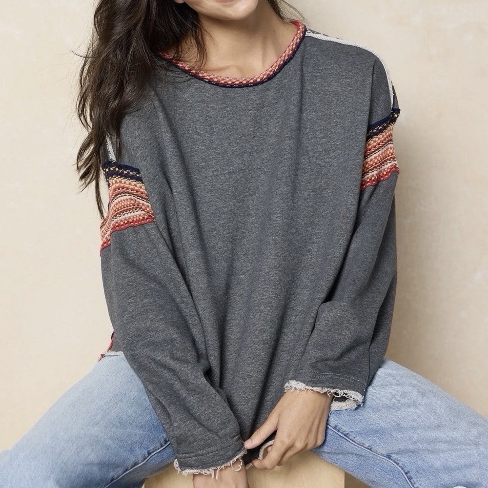 Natural Life Womens S M Knit Trim Sweatshirt Oversized Boho Festival Artsy Gray - Picture 1 of 7